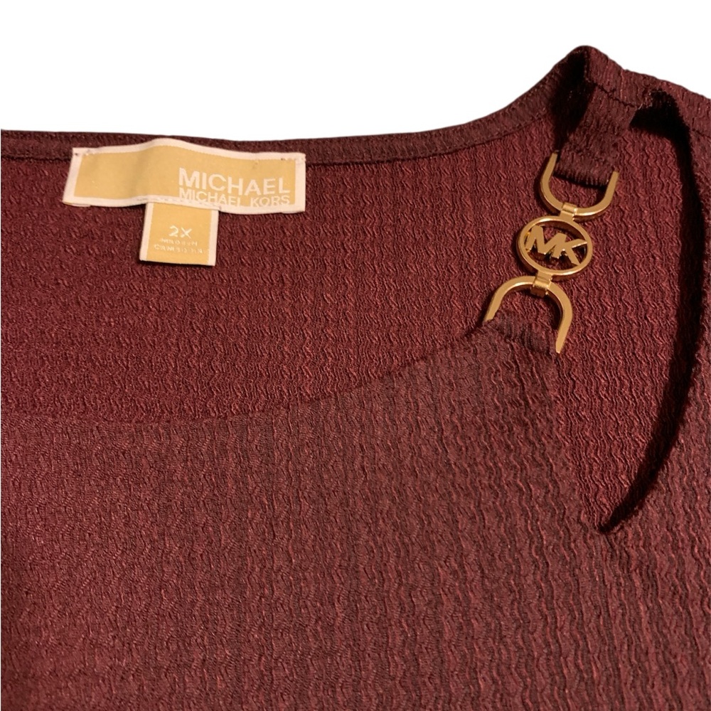 Michael Kors Burgundy Textured Crewneck Sweater with Gold MK Charm
